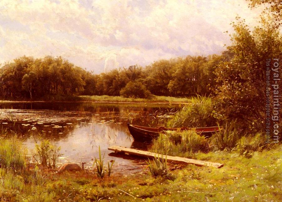 Peder Mork Monsted : A Boat Moored On A Quiet Lake
